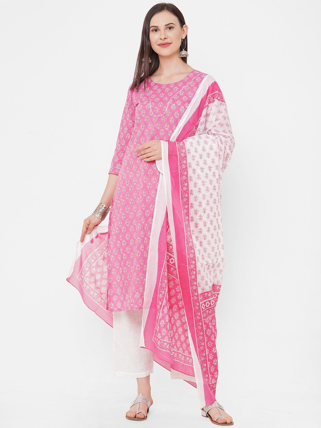 

Aprique FAB Women Pink Ethnic Motifs Printed Pure Cotton Kurta with Palazzos & Dupatta