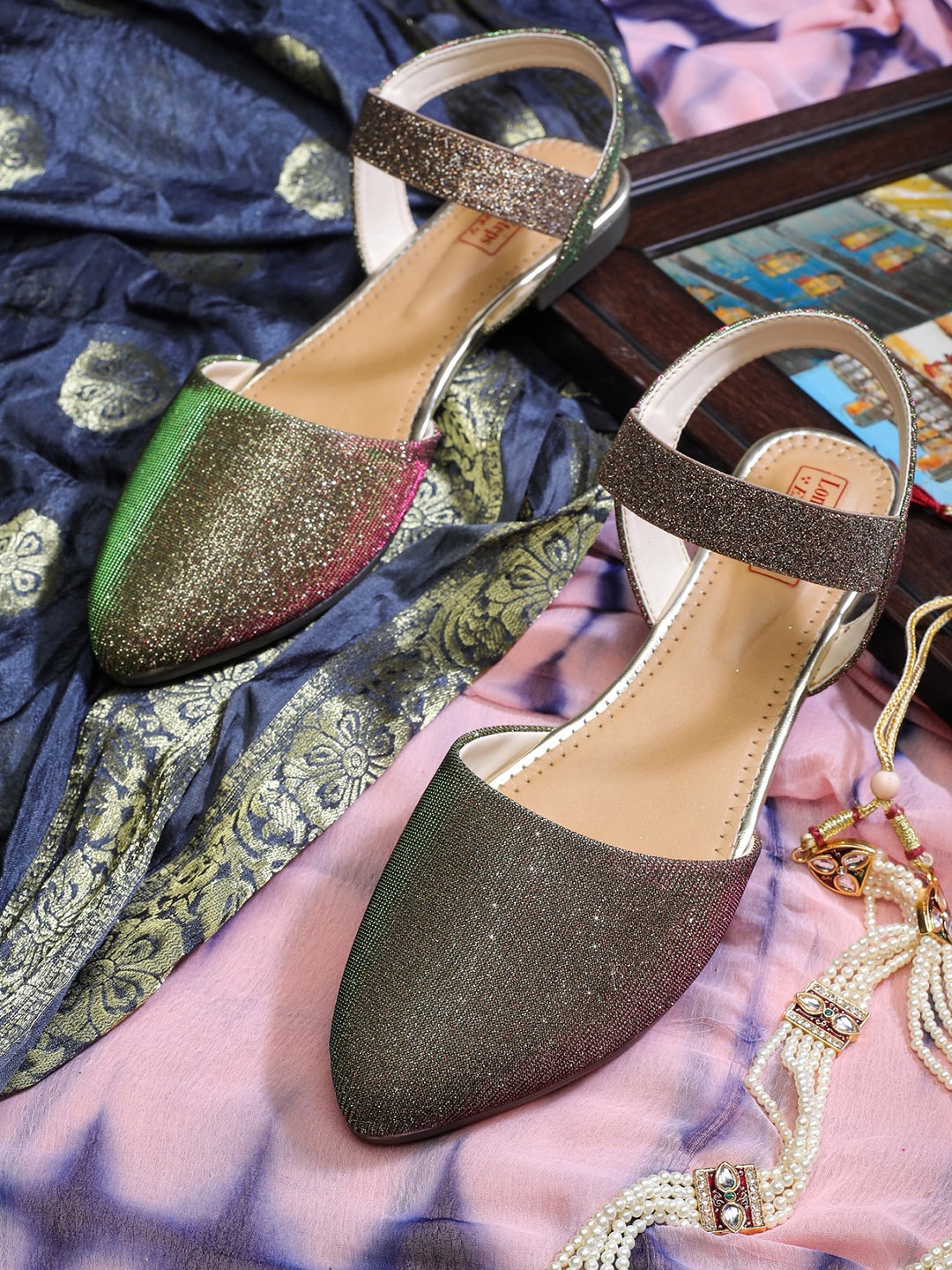 

LONDON STEPS Women Copper-Toned Embellished Leather Party Ballerinas Flats