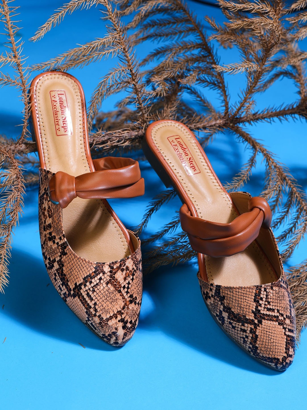 

LONDON STEPS Women Tan Printed Mules Flats