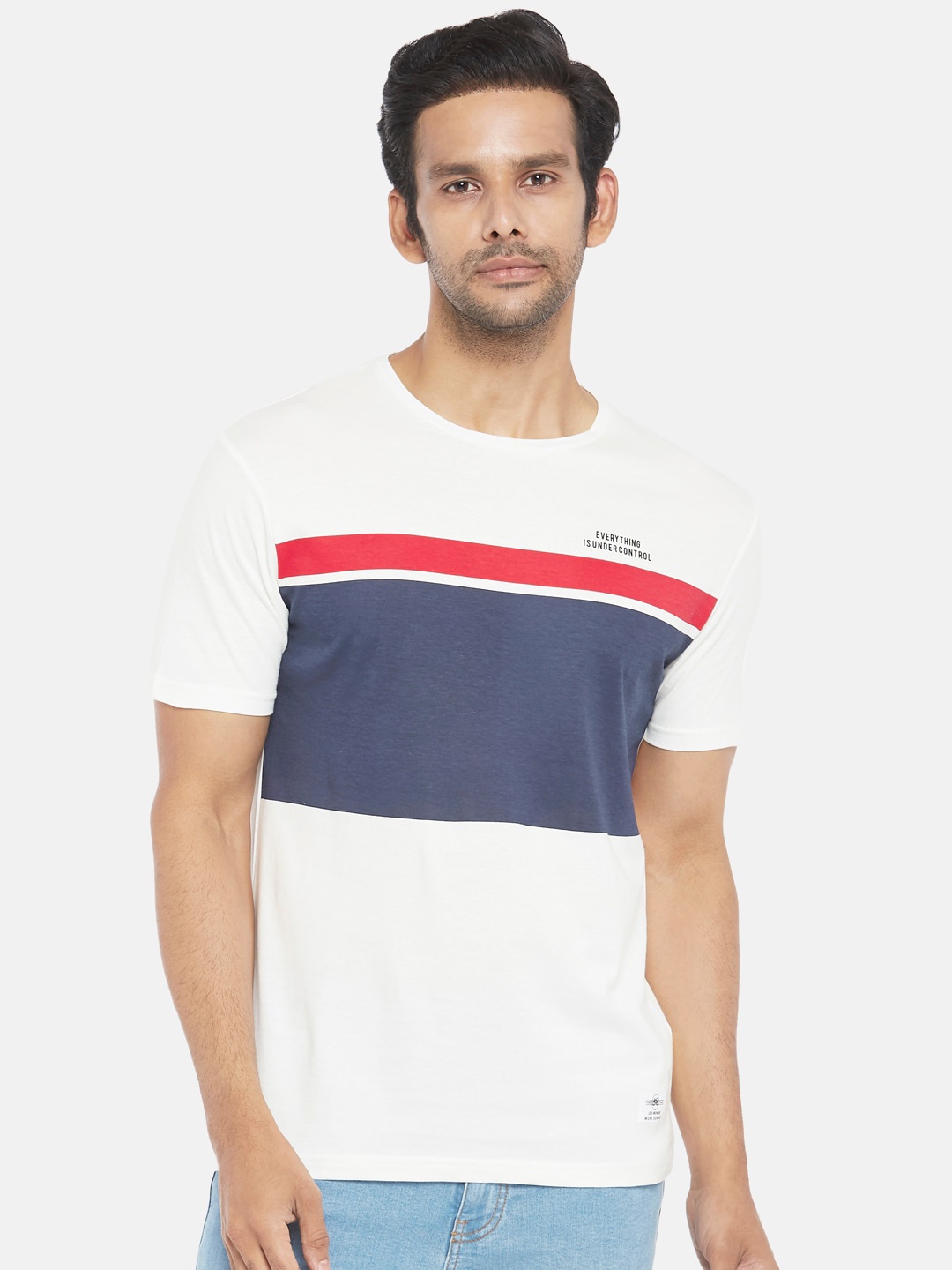 

People Men Off White Blue Colourblocked Pure Cotton T-shirt