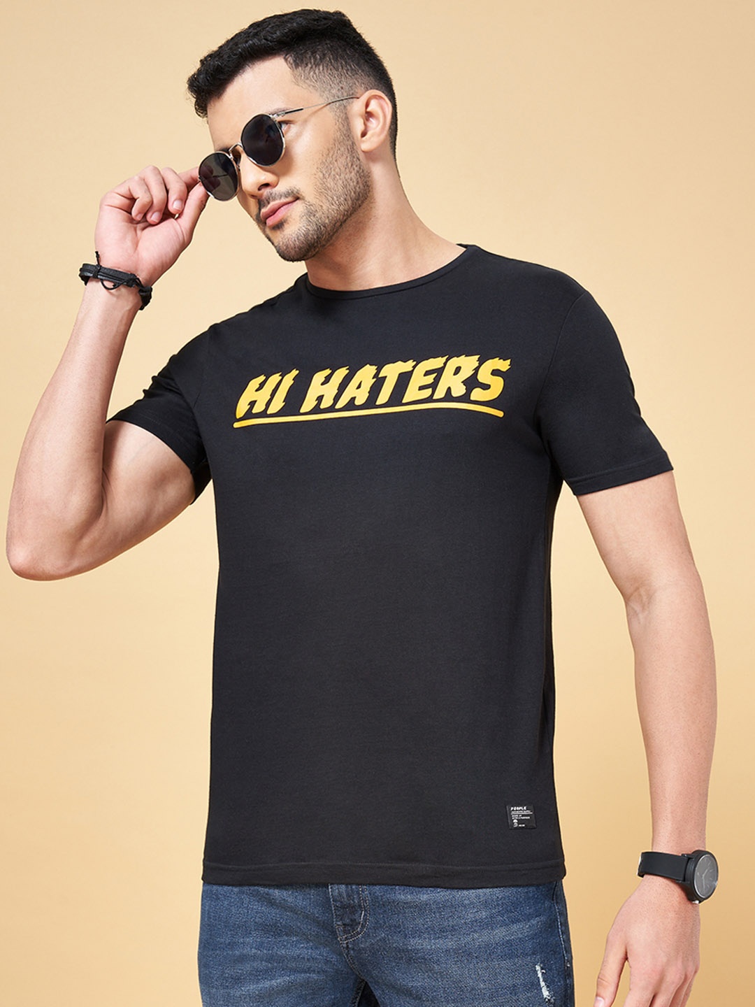

People Men Black Orange Typography Printed Pure Cotton T-shirt