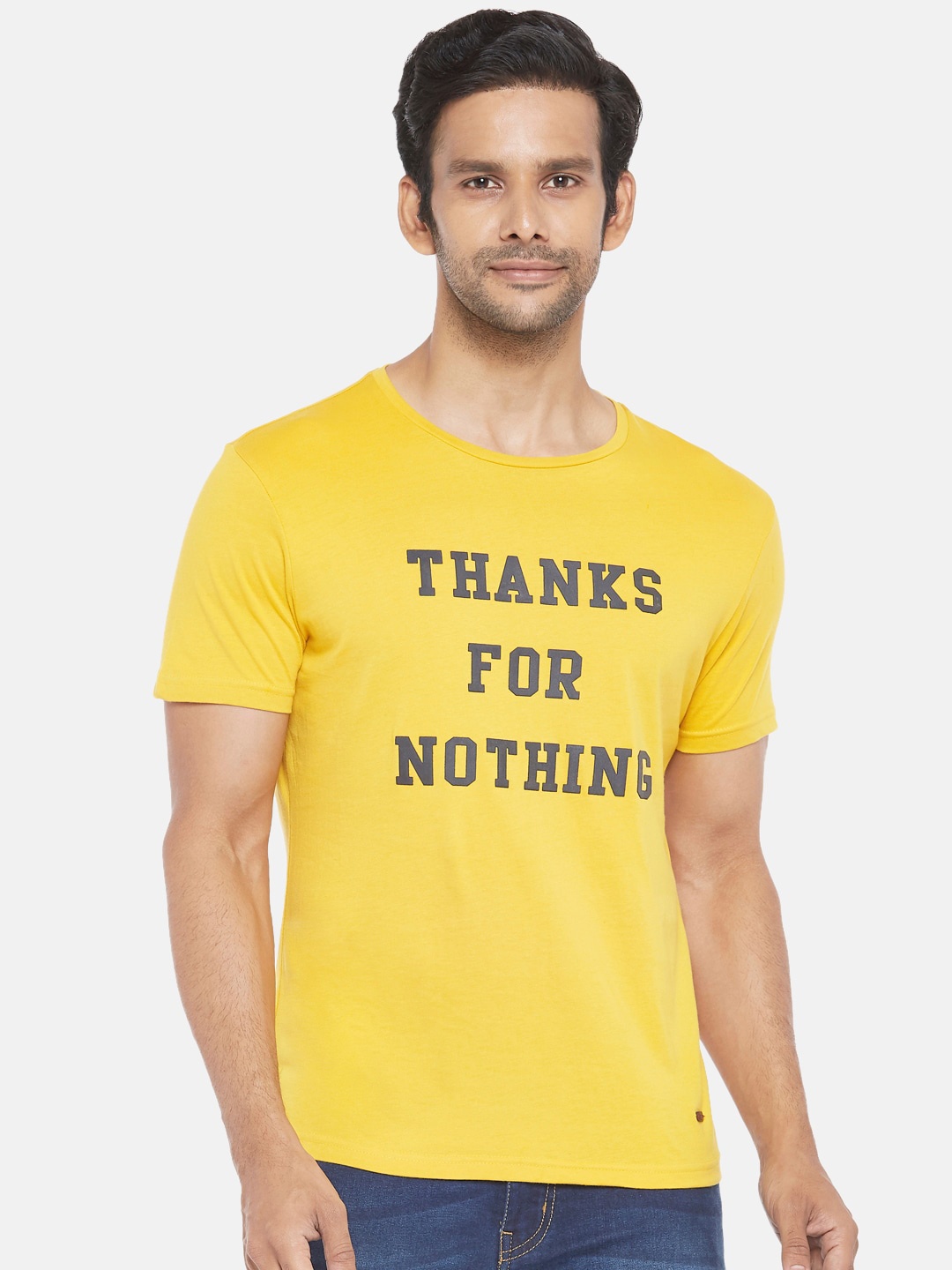 

People Men Mustard Yellow Black Typography Printed Pure Cotton T-shirt