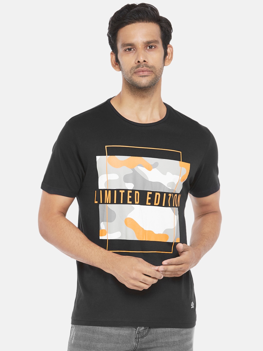 

People Men Black Grey Printed Pure Cotton T-shirt