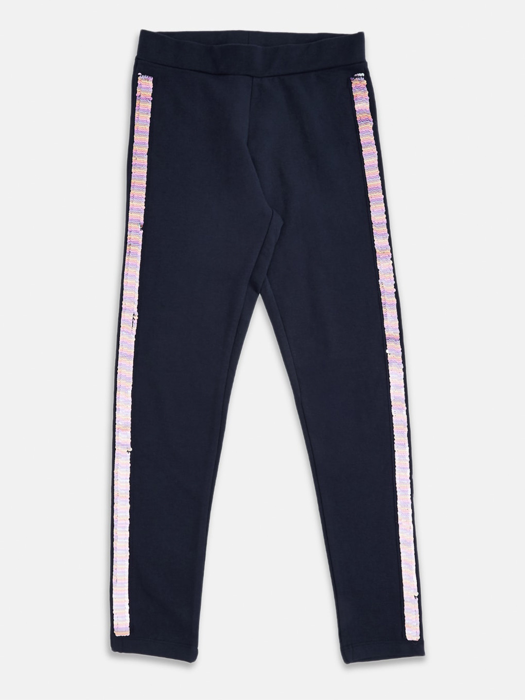 

Pantaloons Junior Girls Navy Blue & Pink Solid Pure Cotton Treggings