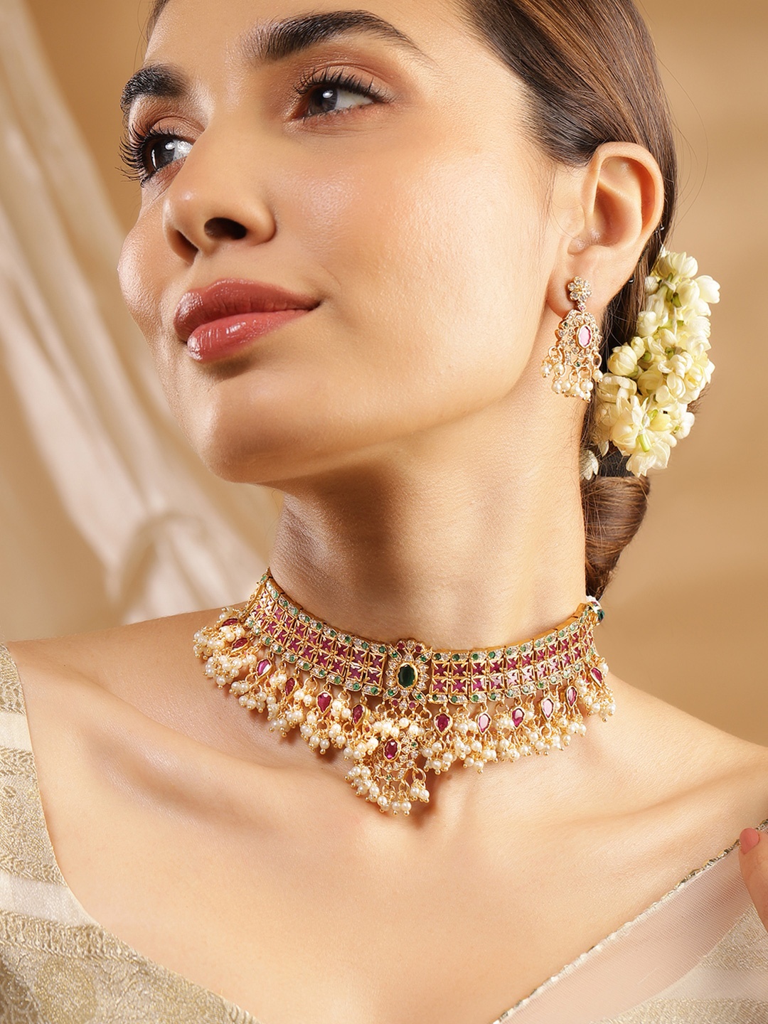 

Rubans 22K Gold-Plated Ruby, Emerald & Cubic Zirconia Studded Choker Set with Pearl Beads