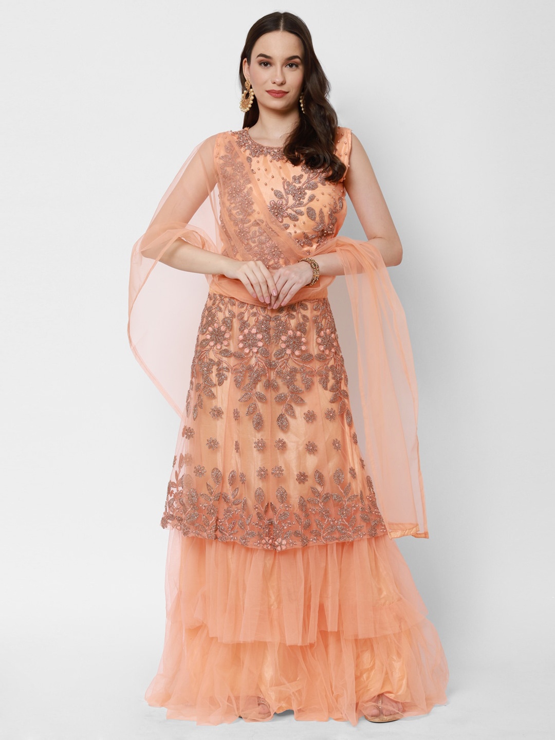 

RedRound Peach-Coloured Embroidered Semi-Stitched Lehenga & Unstitched Blouse With Dupatta
