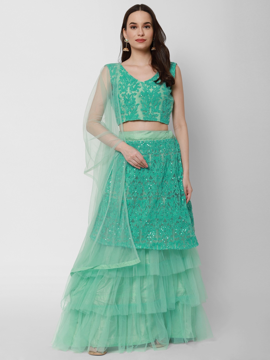 

RedRound Green Embroidered Sequinned Semi-Stitched Lehenga & Unstitched Blouse With Dupatta