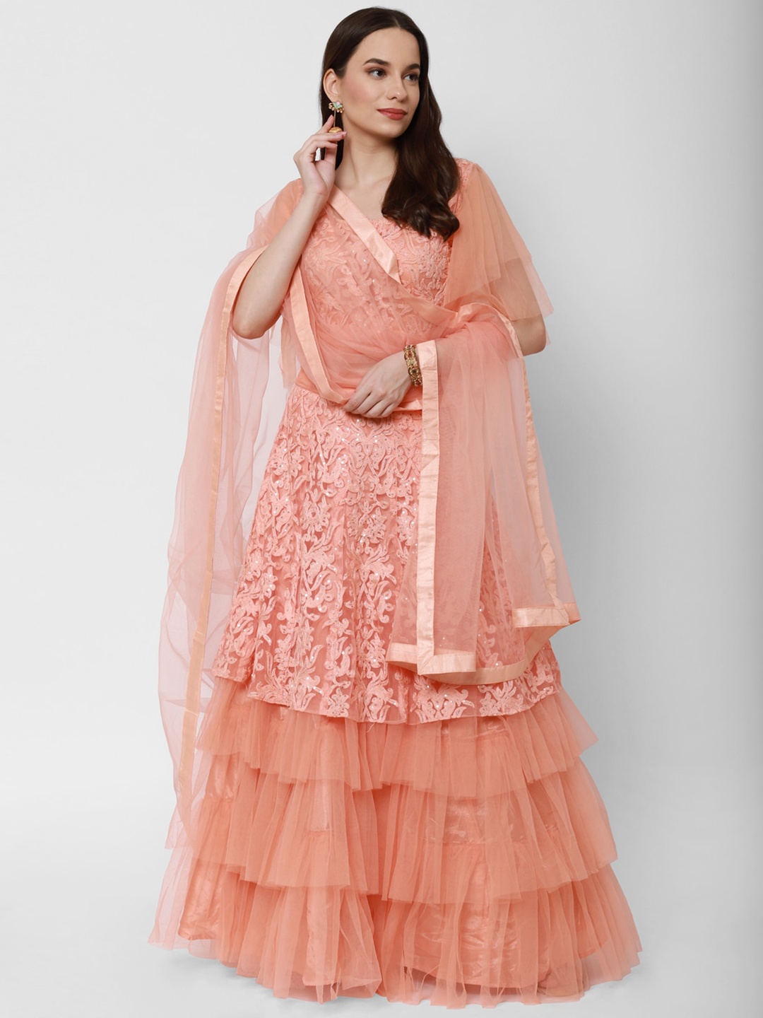 

RedRound Peach-Coloured Embellished Sequinned Semi-Stitched Lehenga & Unstitched Blouse With Dupatta