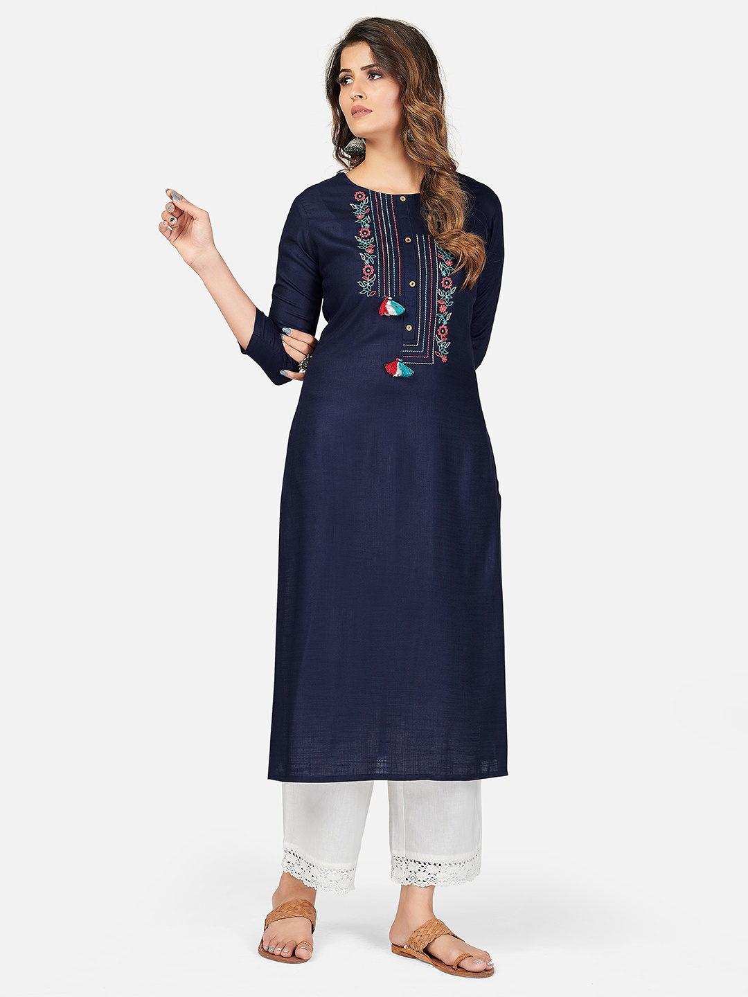 

Vbuyz Women Blue & Coral Ethnic Motifs Embroidered Thread Work Cotton Kurta