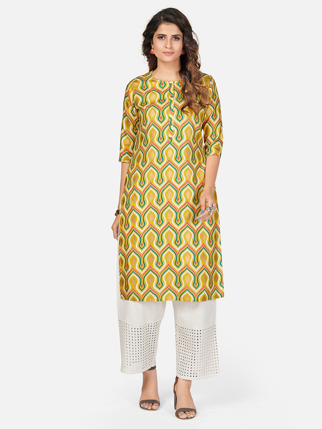 

Vbuyz Women Yellow & Green Geometric Printed Kurta