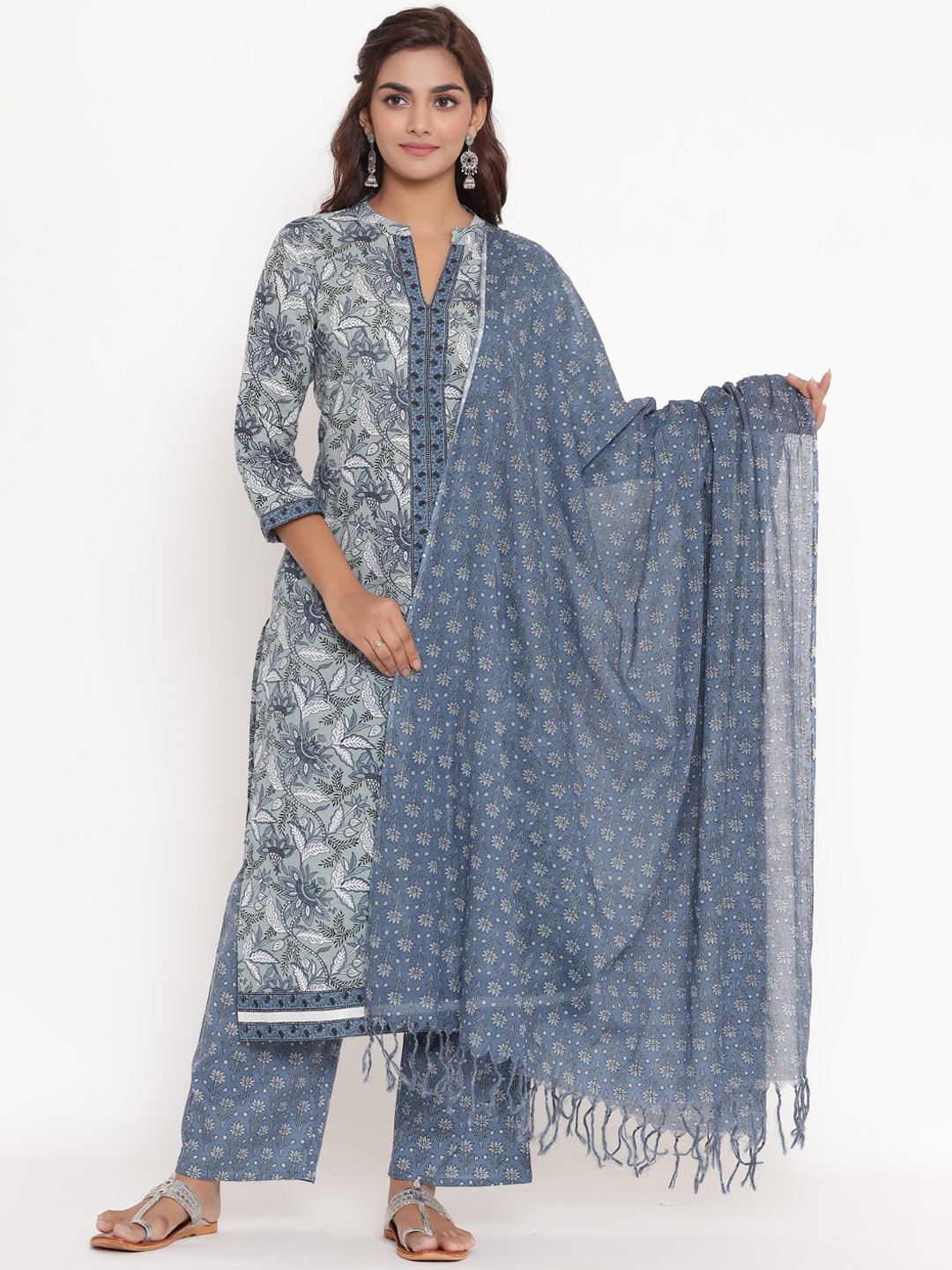 

VEDANA Women Blue Ethnic Motifs Printed Regular Pure Cotton Kurta with Palazzos & With Dupatta