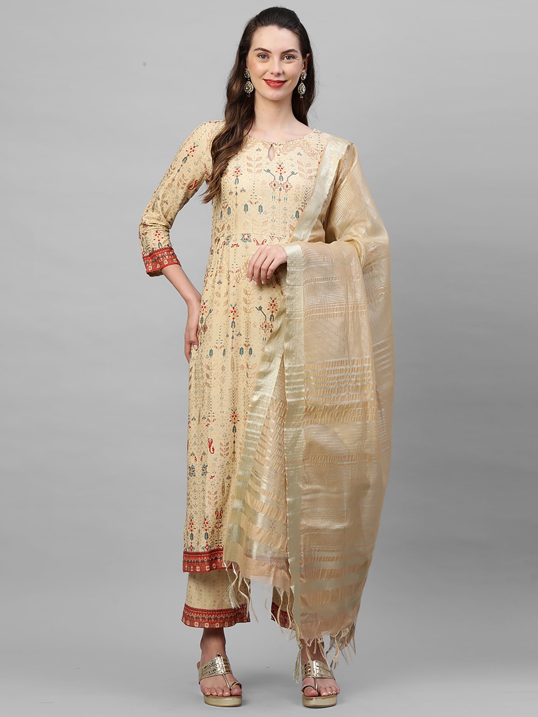 

Indo Era Women Beige Ethnic Motifs Printed Regular Kurta with Palazzos & With Dupatta