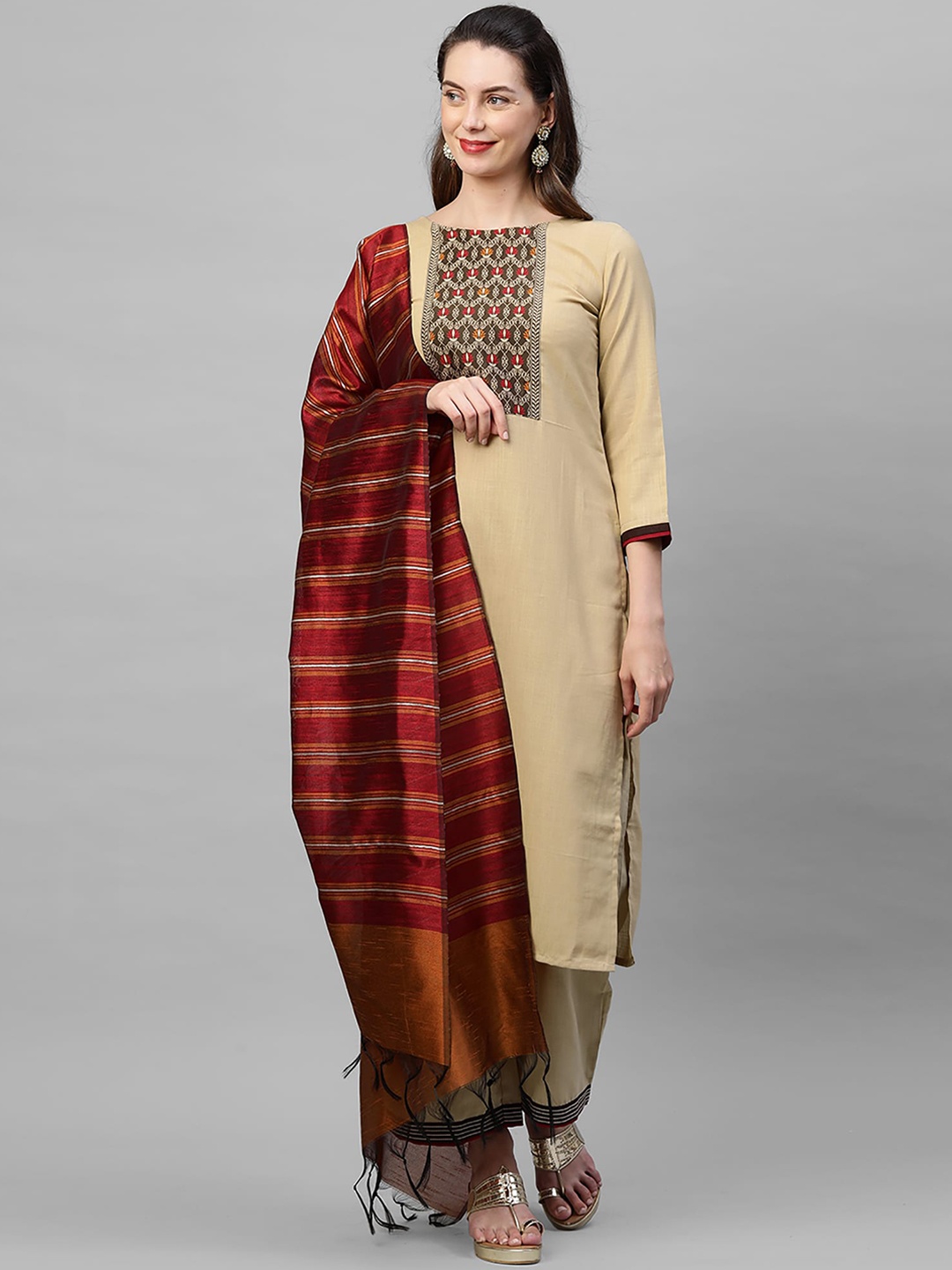 

Indo Era Women Beige Ethnic Motifs Yoke Design Regular Pure Cotton Kurta with Palazzos & With Dupatta