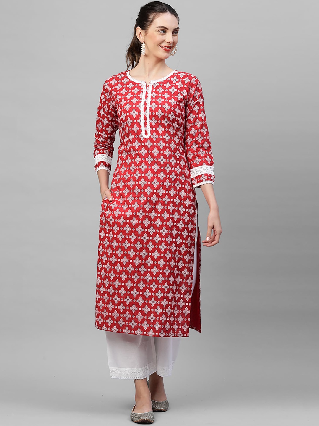 

Indo Era Women Red Ethnic Motifs Khari Printed Regular Pure Cotton Kurta with Palazzos