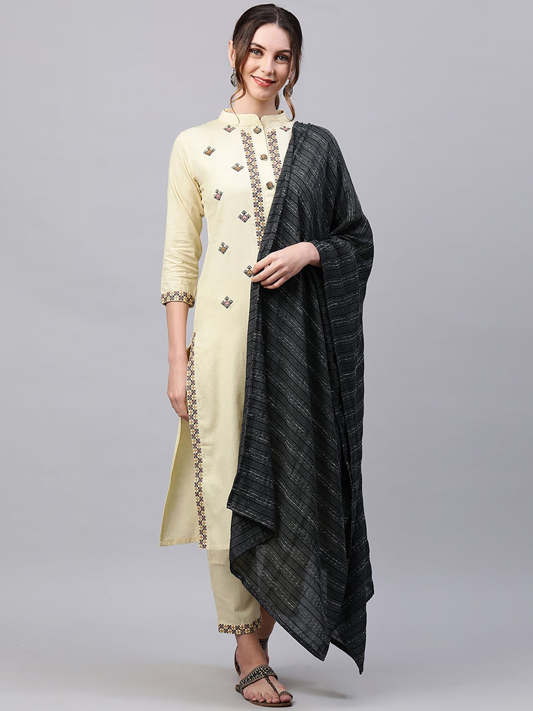 

Indo Era Women Yellow Ethnic Motifs Yoke Design Regular Thread Work Kurta with Trousers & With Dupatta