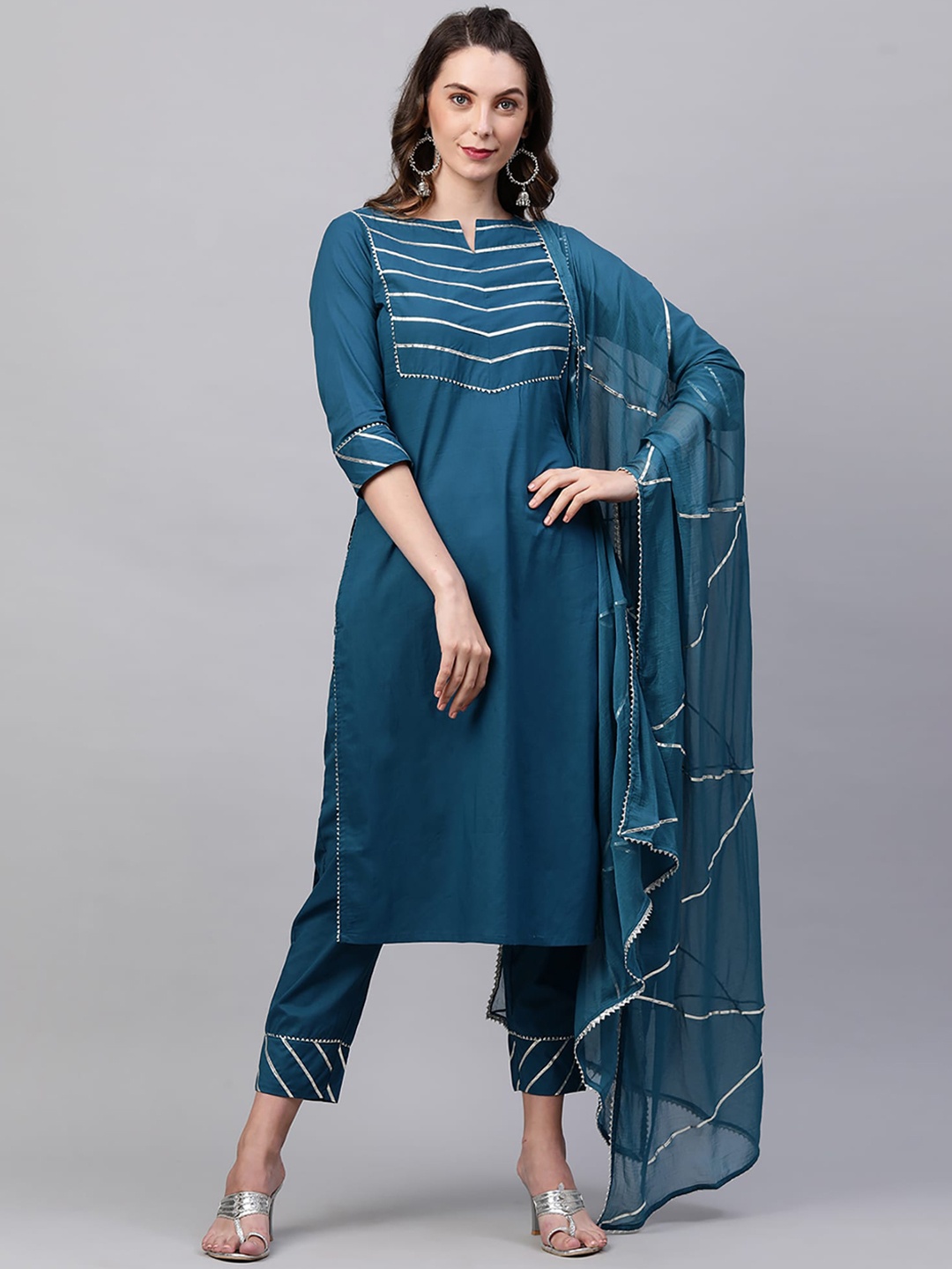 

Indo Era Women Teal Yoke Design Regular Gotta Patti Kurta with Trousers & With Dupatta
