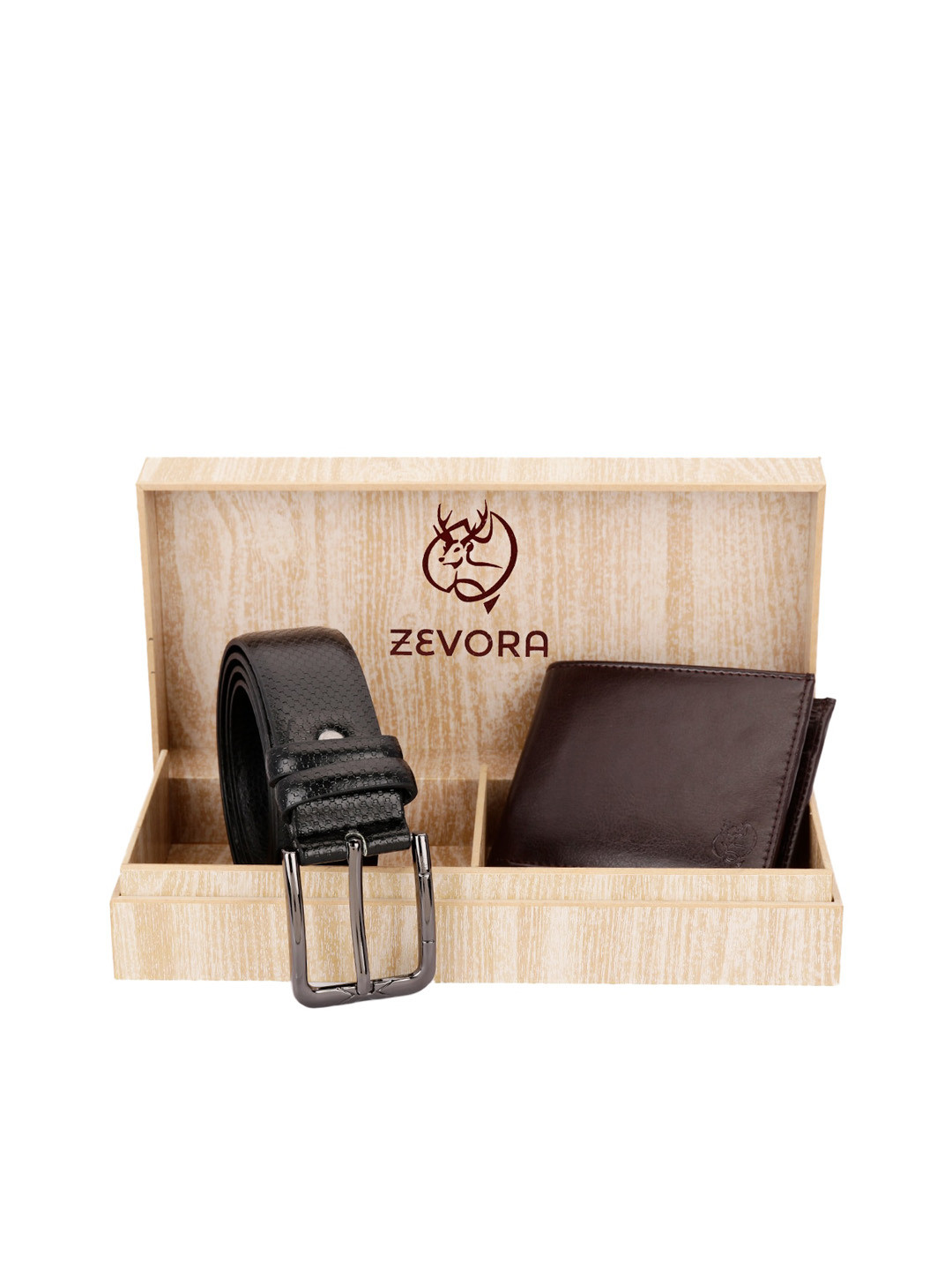 

ZEVORA Men Black Textured Belt and Brown Wallet Gift Set