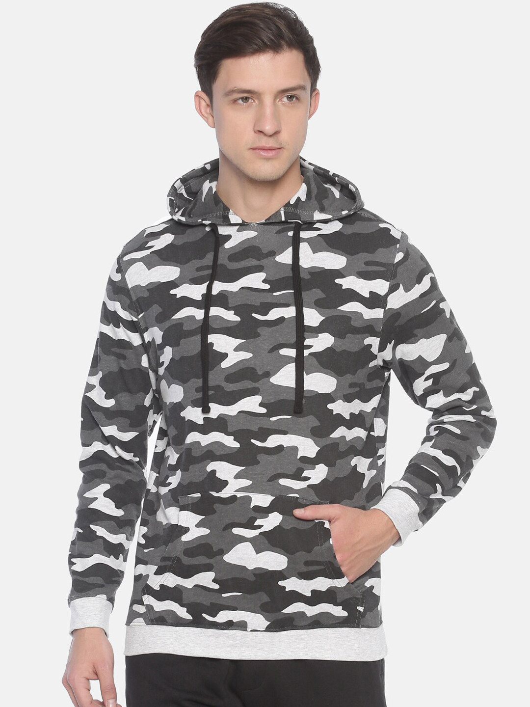 

Steenbok Men Grey Melange Camouflage Printed Hooded Sweatshirt