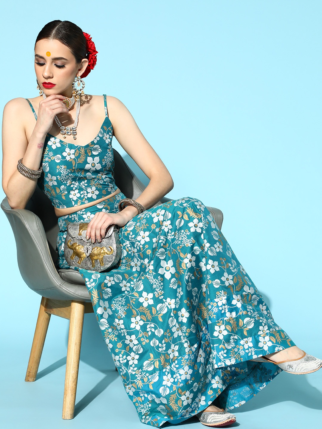 

Ode by House of Pataudi Teal Flower Bazaar Ready to Wear Lehenga Choli
