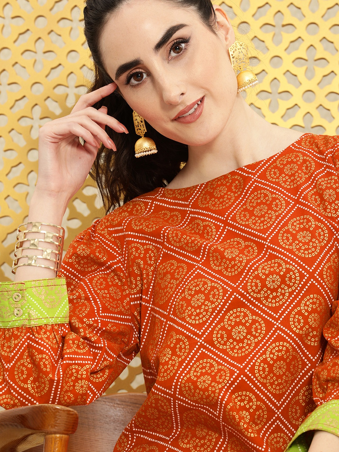 

Ode by House of Pataudi Women Rust & White Bandhani Printed Jashn Kurta