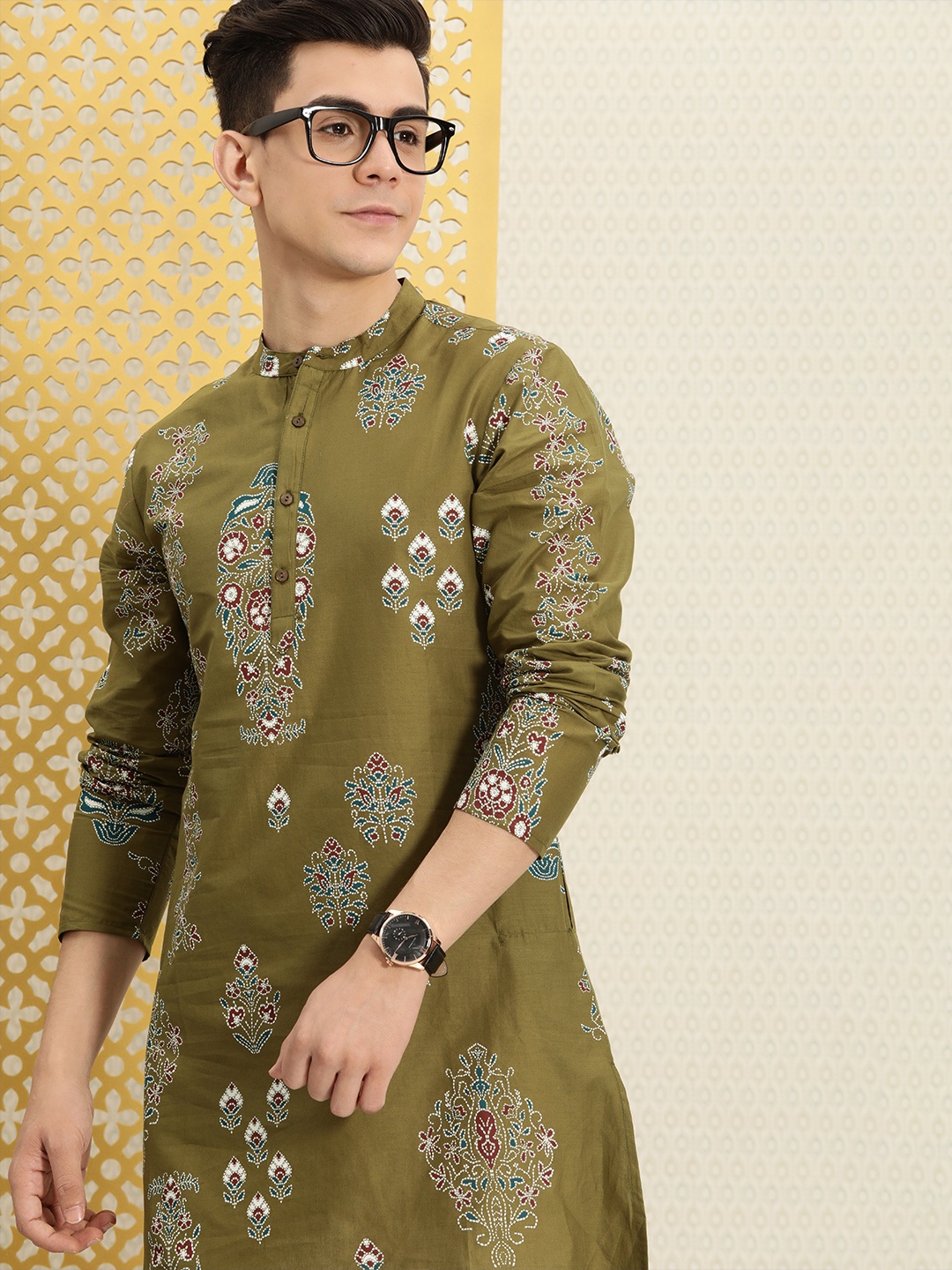 

House of Pataudi Men Khaki Ethnic Motifs Printed Rozana Kurta