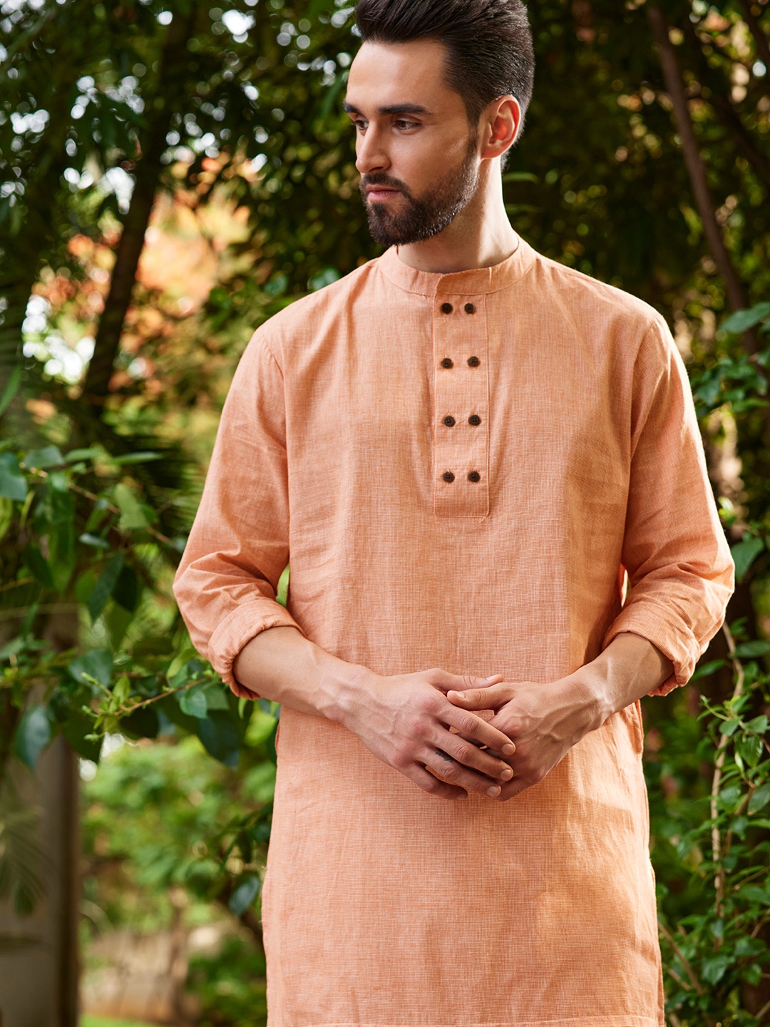 

House of Pataudi Men Orange Solid Pure Cotton Rozana Kurta with Pin Tuck Detailing