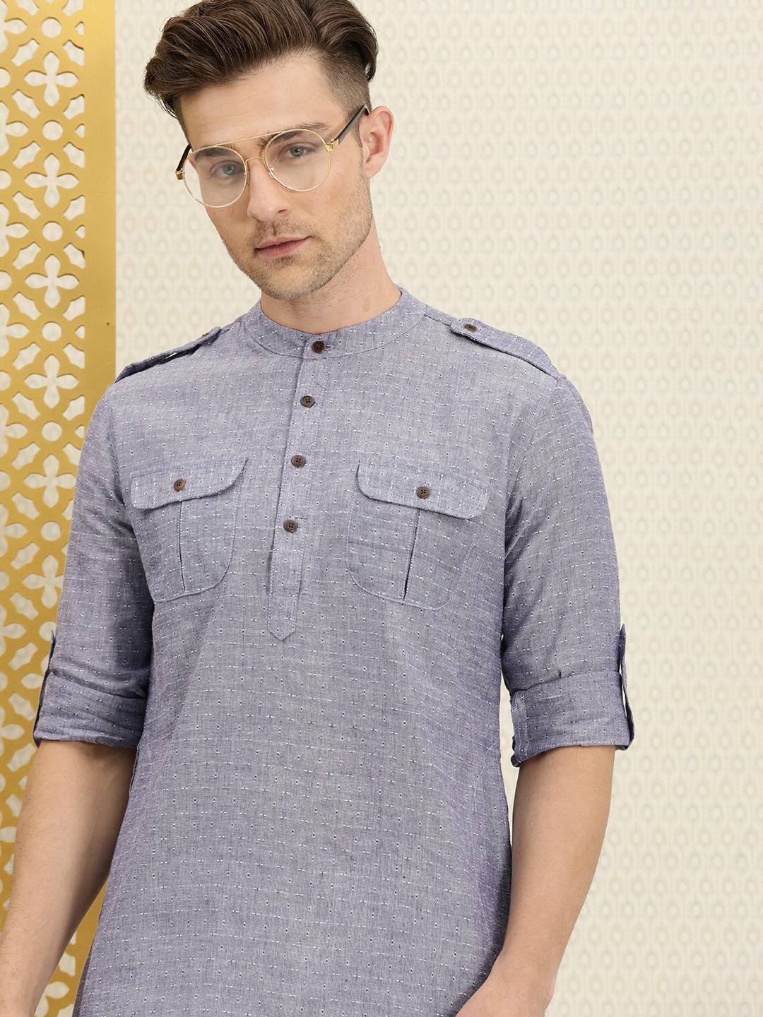 

House of Pataudi Men Blue Woven Design Rozana Pure Cotton Pathani Kurta