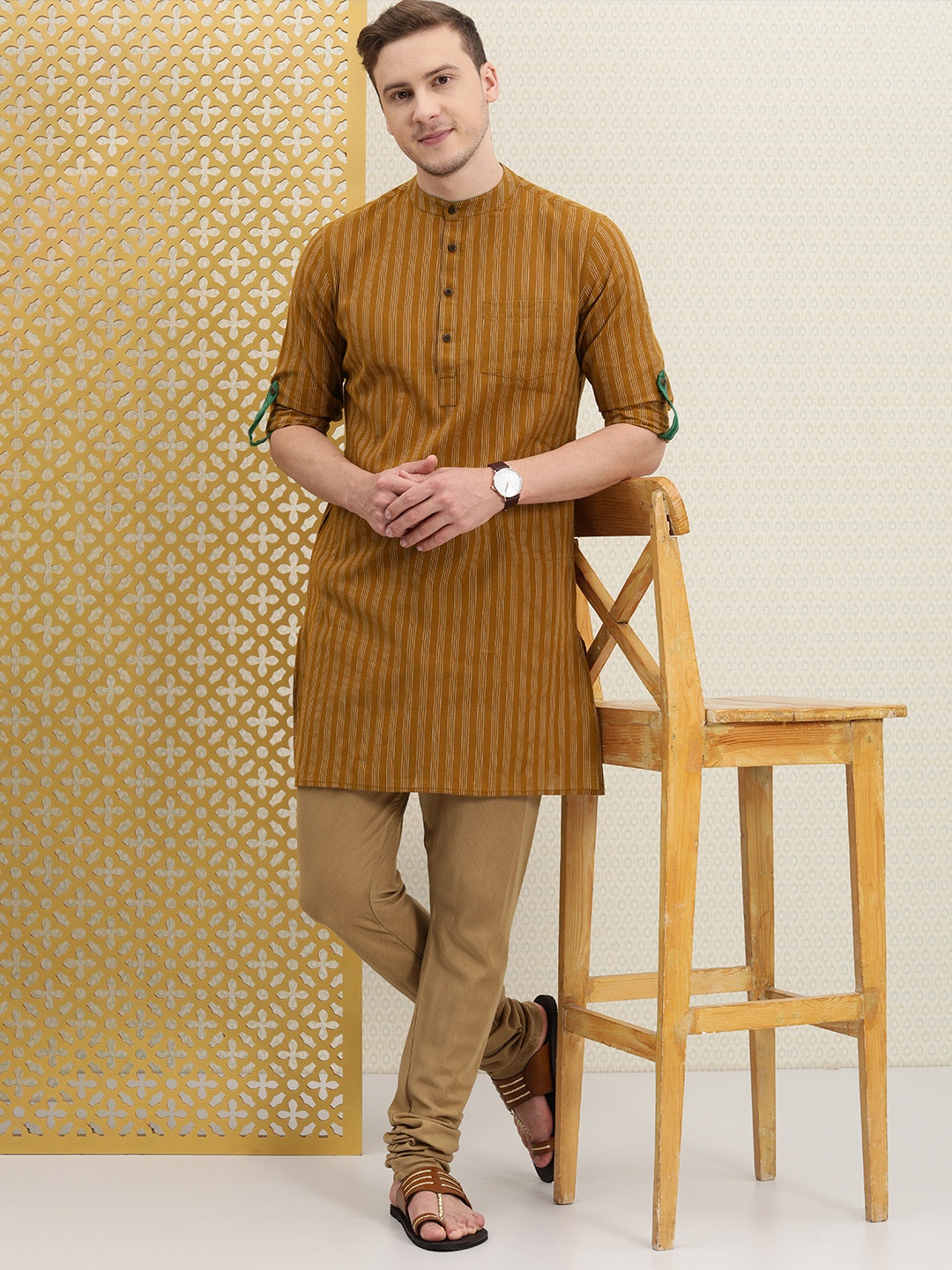 

House of Pataudi Men Brown Striped Pure Cotton Rozana Straight Kurta