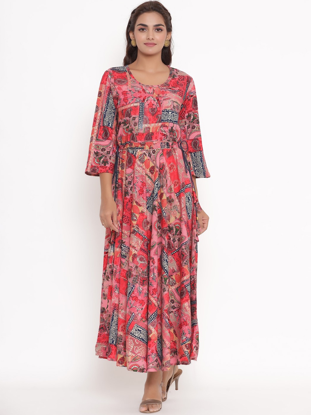 

VEDANA Red & Black Ethnic Motifs Maxi Dress