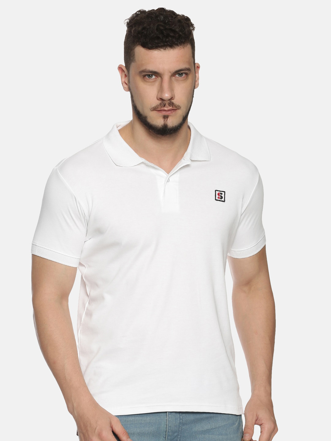 

Steenbok Men White Polo Collar Applique T-shirt