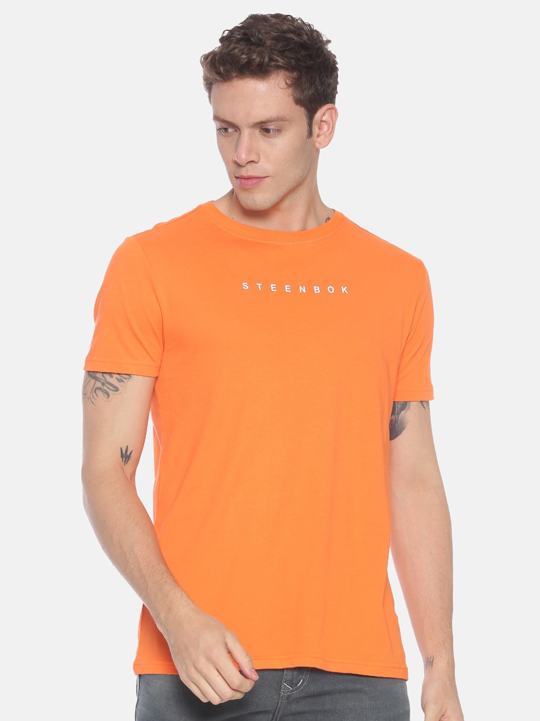 

Steenbok Men Orange Typography T-shirt