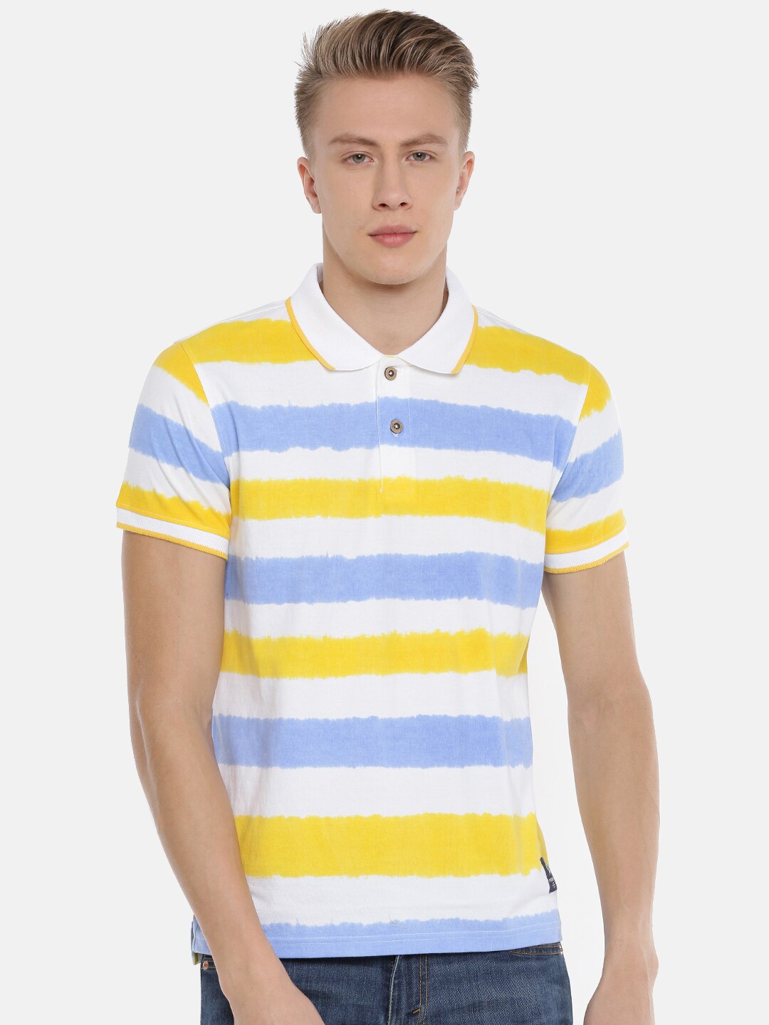 

Steenbok Men Yellow Striped Polo Collar Pockets Slim Fit T-shirt