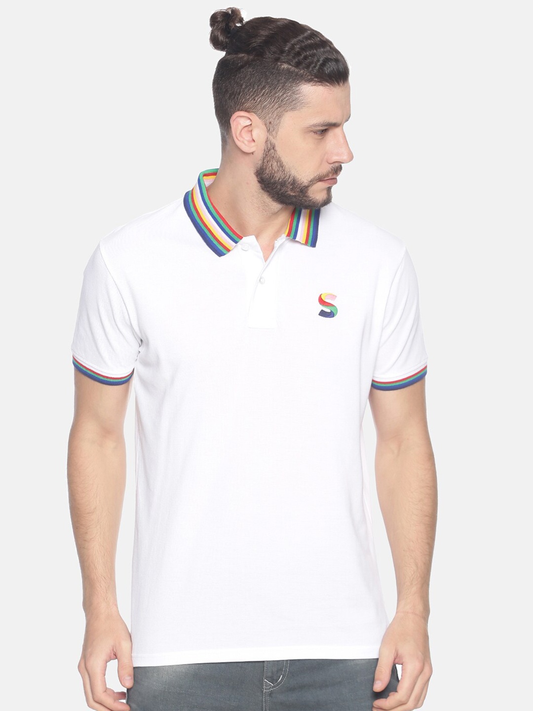 

Steenbok Men White Polo Collar Applique T-shirt
