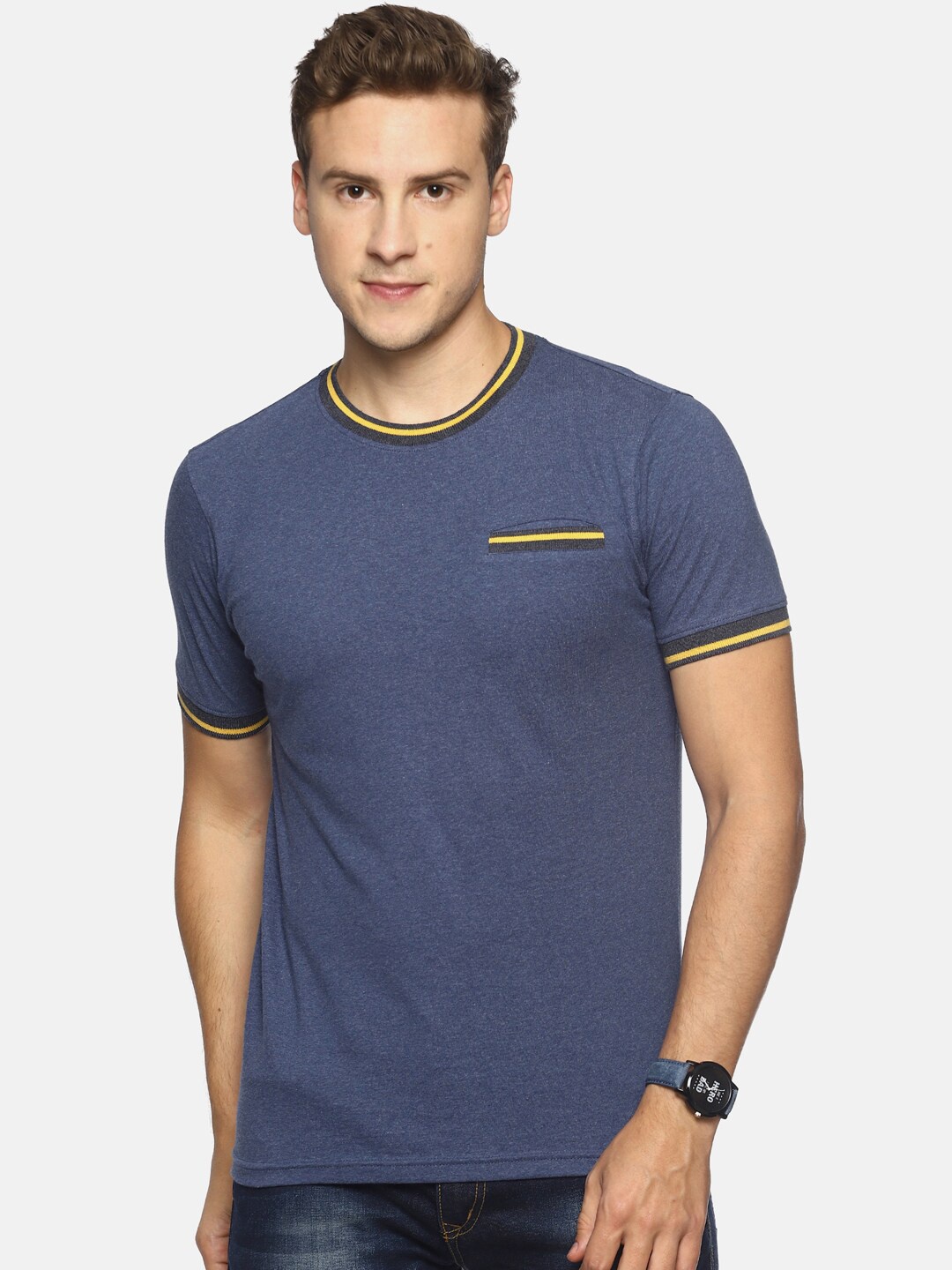 

Steenbok Men Navy Blue Pockets Slim Fit T-shirt