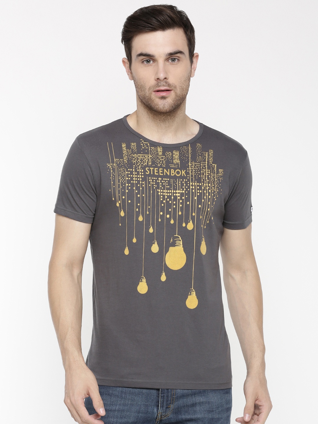 Steenbok Men Grey Typography Printed Raw Edge Slim Fit T-shirt
