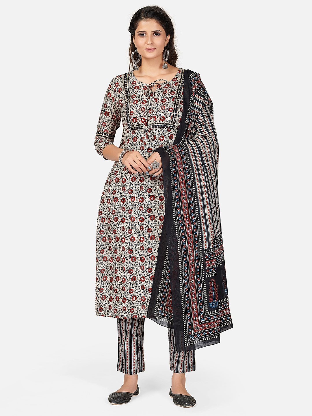 

Vbuyz Women Beige Printed Panelled Pure Cotton Kurta with Trousers & With Dupatta