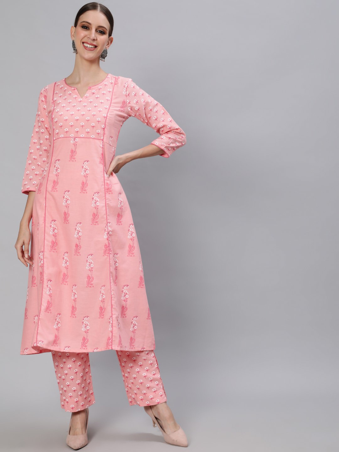 

Ishin Women Pink Ethnic Motifs Printed Angrakha Pure Cotton Kurta with Trousers