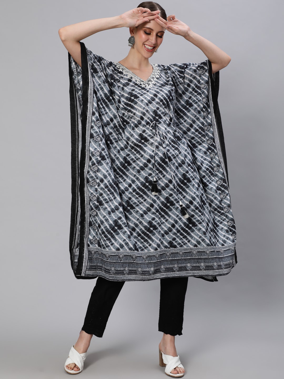 

Ishin Women Grey Layered Pure Cotton Kurti with Trousers & With Dupatta