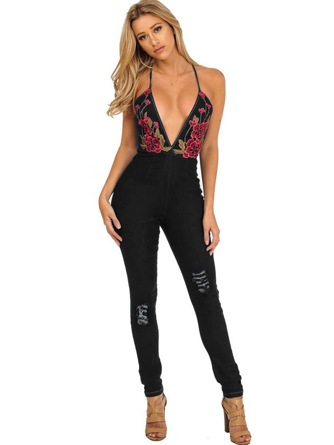 

URBANIC Black & Red Cotton Embroidered Distressed Denim Jumpsuit