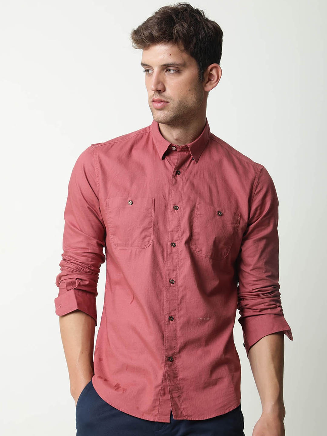 

RARE RABBIT Men Harrinbone Regular Fit Spread Collar Cotton Shirt, Maroon