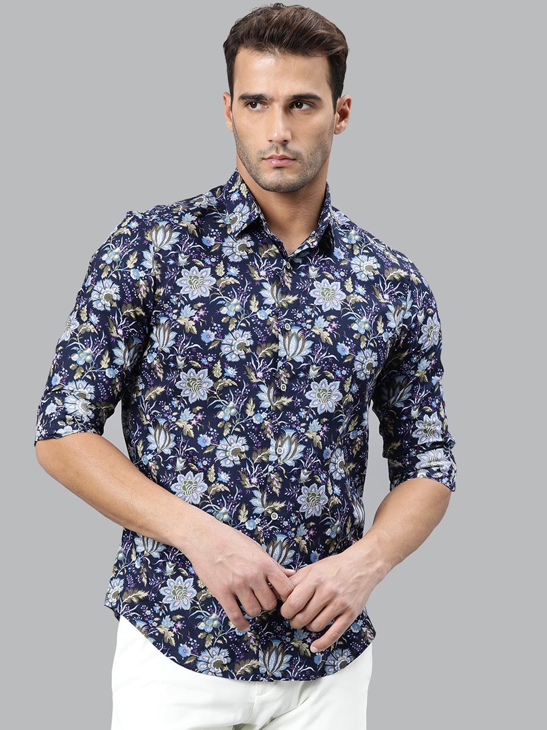 

RARE RABBIT Men Bolton Slim Fit Floral Opaque Printed Shirt, Navy blue