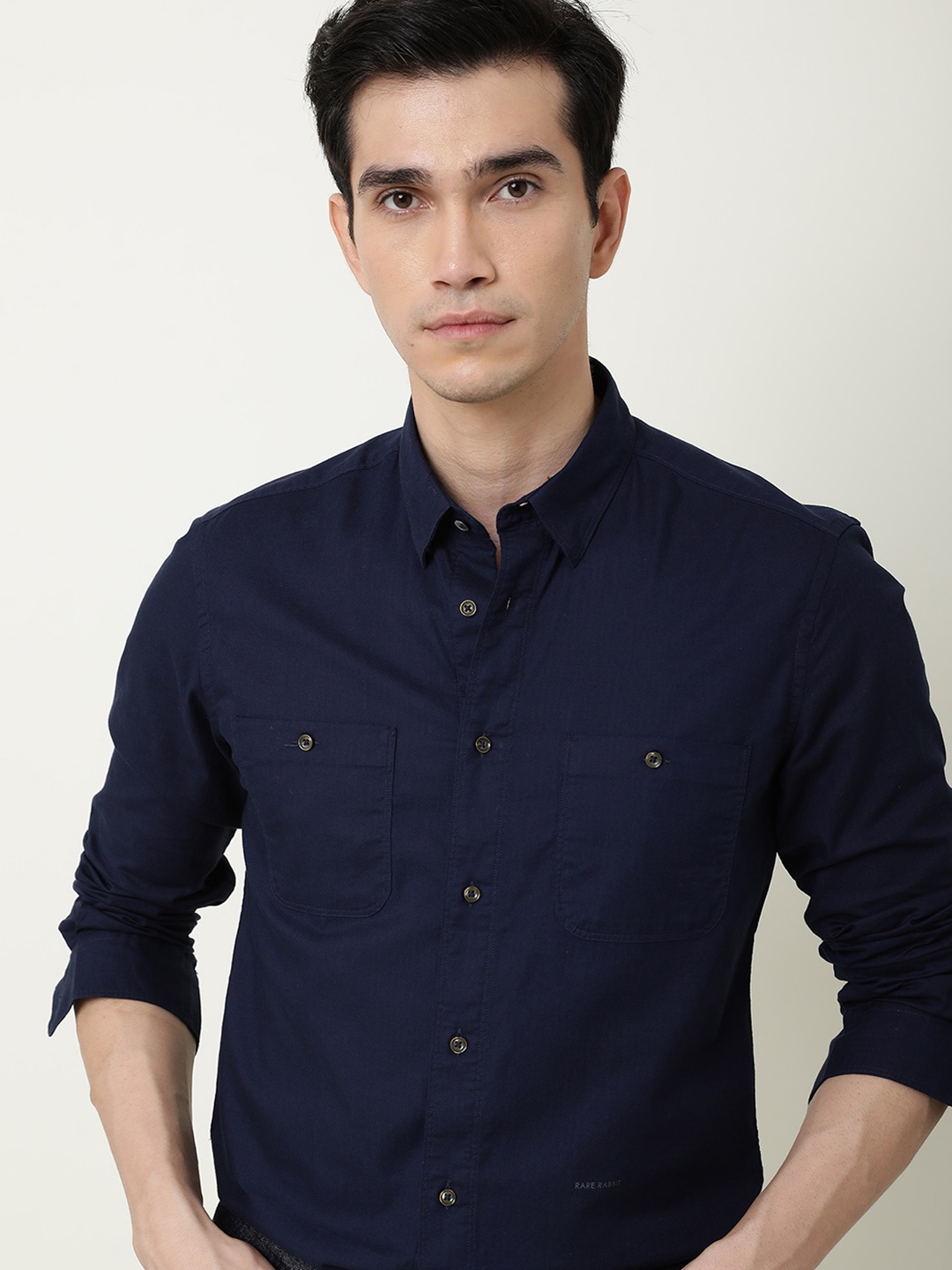 

RARE RABBIT Men Harrinbone Slim Fit Opaque Shirt, Navy blue