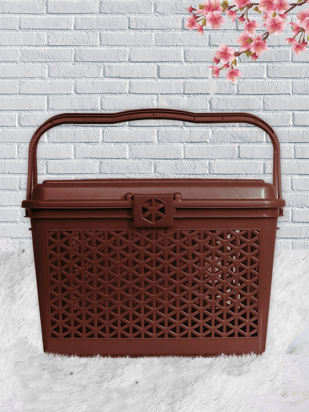 

Kuber Industries Brown Plastic Multipurpose Shopping Basket with Lid