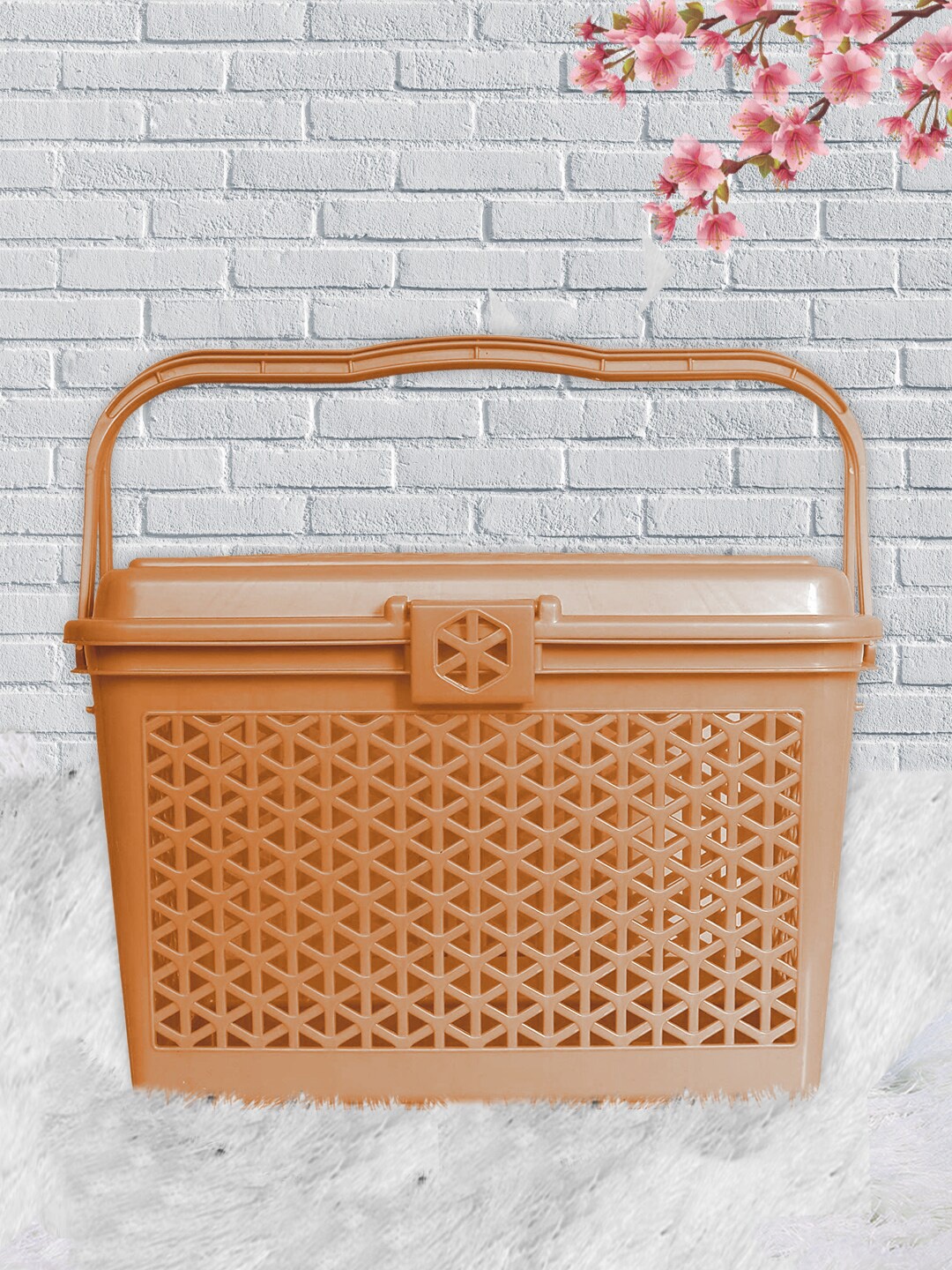 

Kuber Industries Camel Brown Plastic Multipurpose Shopping Basket with Lid