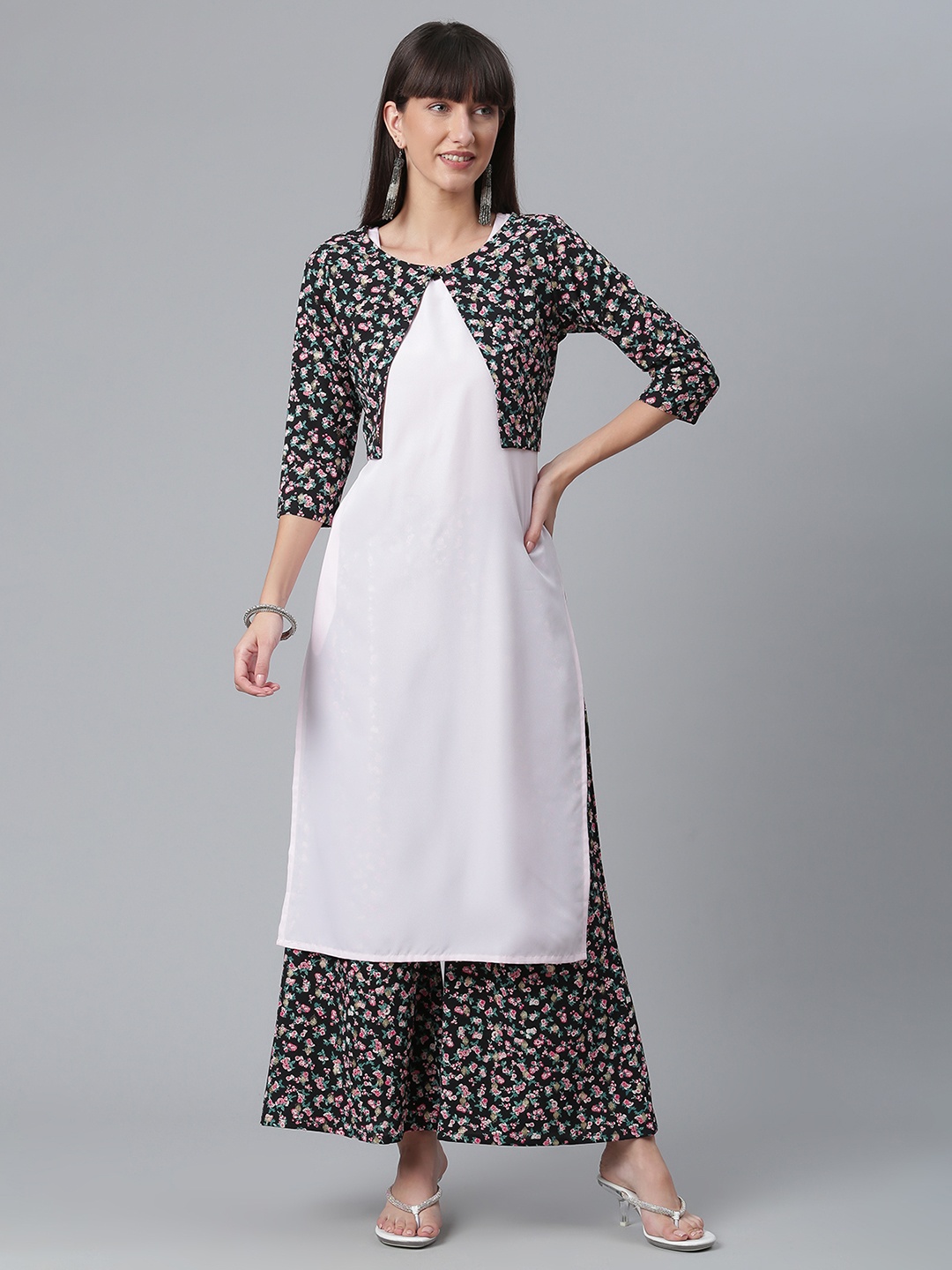 

Ahalyaa Women Pink Crepe Floral Print Kurta with Palazzos & Jacket