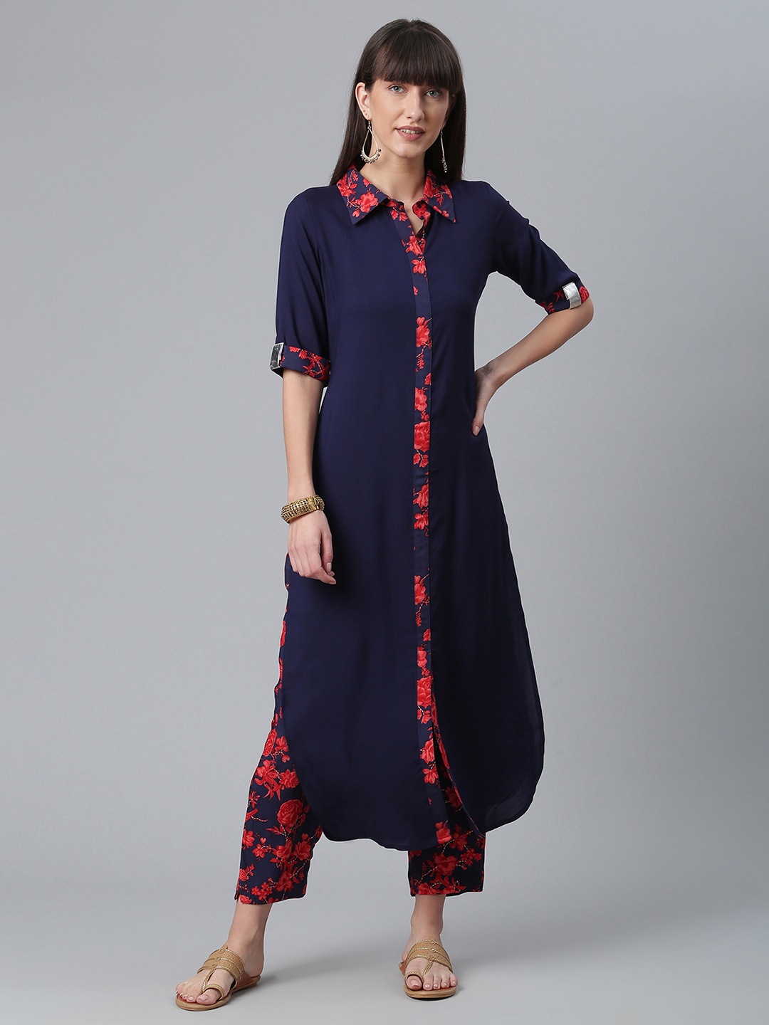 

Ahalyaa Women Navy Blue Regular Kurta with Trousers