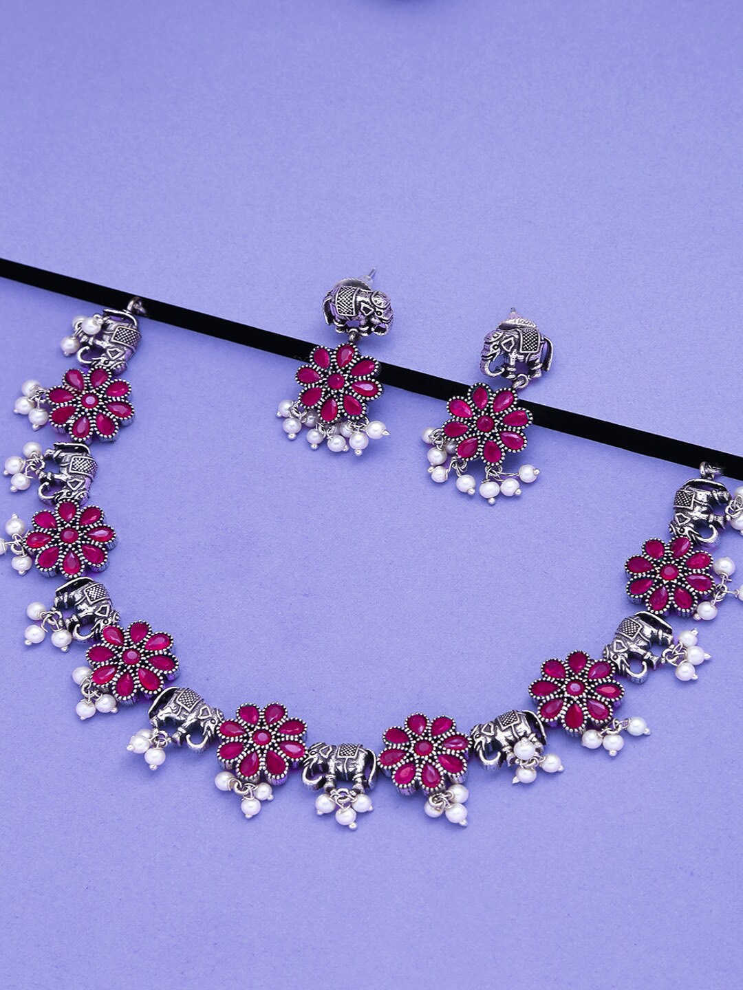 

Yellow Chimes Oxidised Silver-Plated Pink & White Stone-Studded & Beaded Handcrafted Jewellery Set