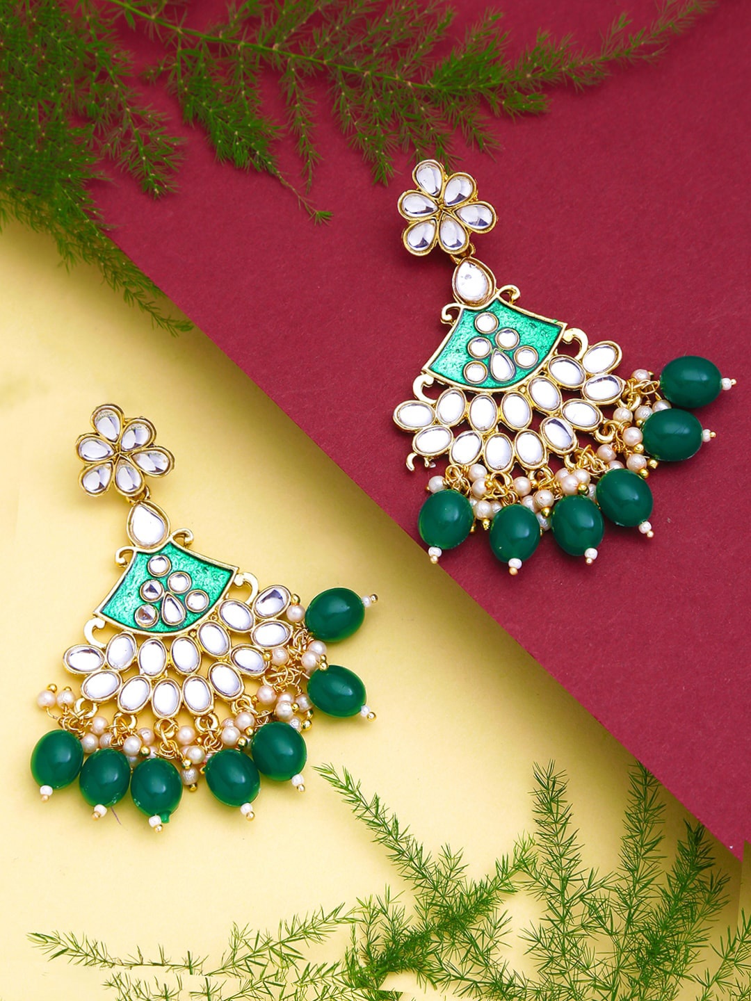 

Yellow Chimes Green Gold-Plated Contemporary Drop Earrings