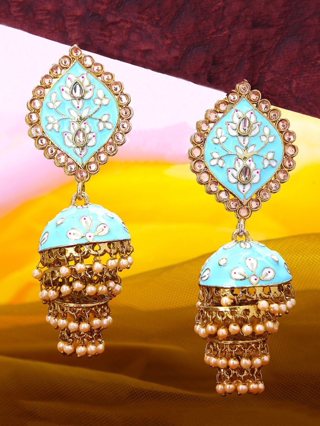 

Yellow Chimes Woman Meenakari Jhumkas Earrings, Blue