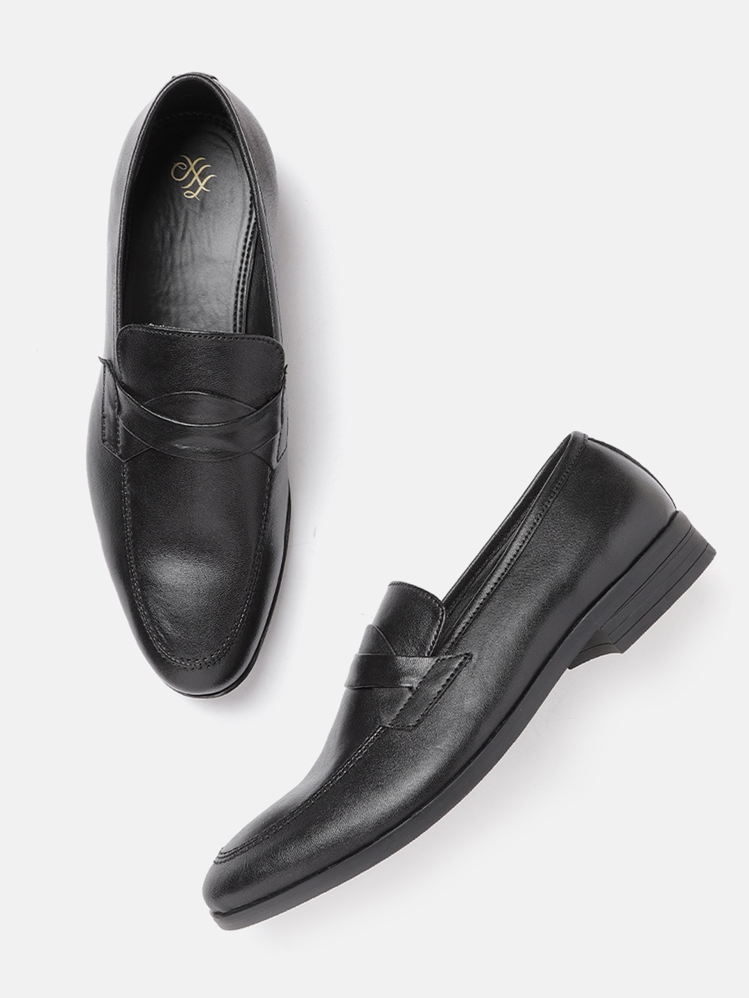 

House of Pataudi Men Black Solid Leather Formal Slip-Ons